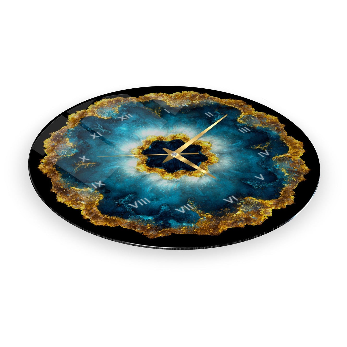 Soyut Mavi Gold Cam Duvar Saati