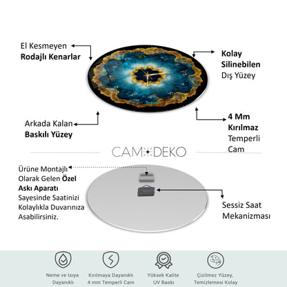 Soyut Mavi Gold Cam Duvar Saati