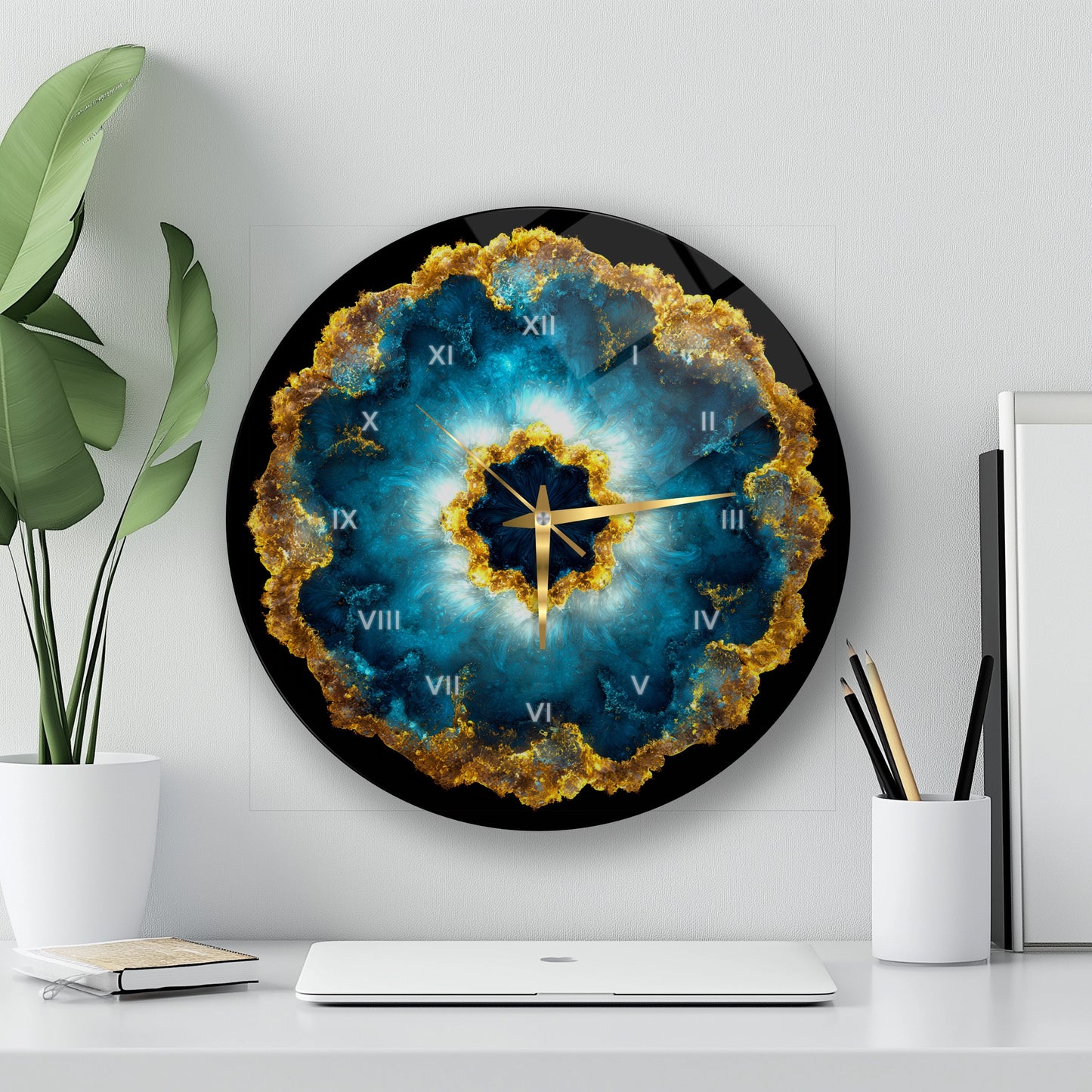 Soyut Mavi Gold Cam Duvar Saati