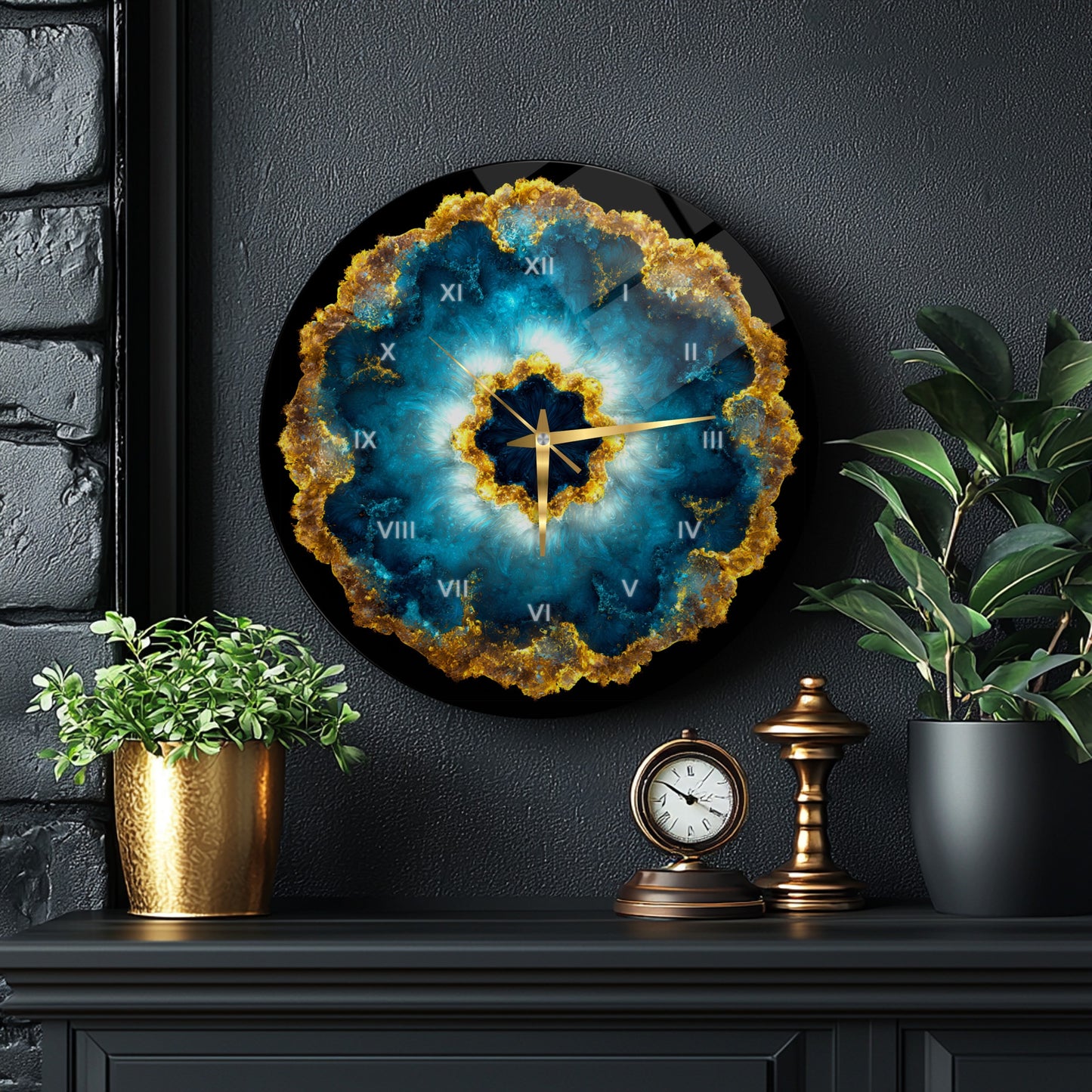 Soyut Mavi Gold Cam Duvar Saati