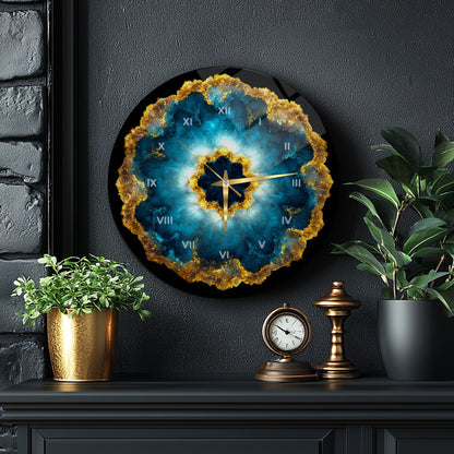Soyut Mavi Gold Cam Duvar Saati