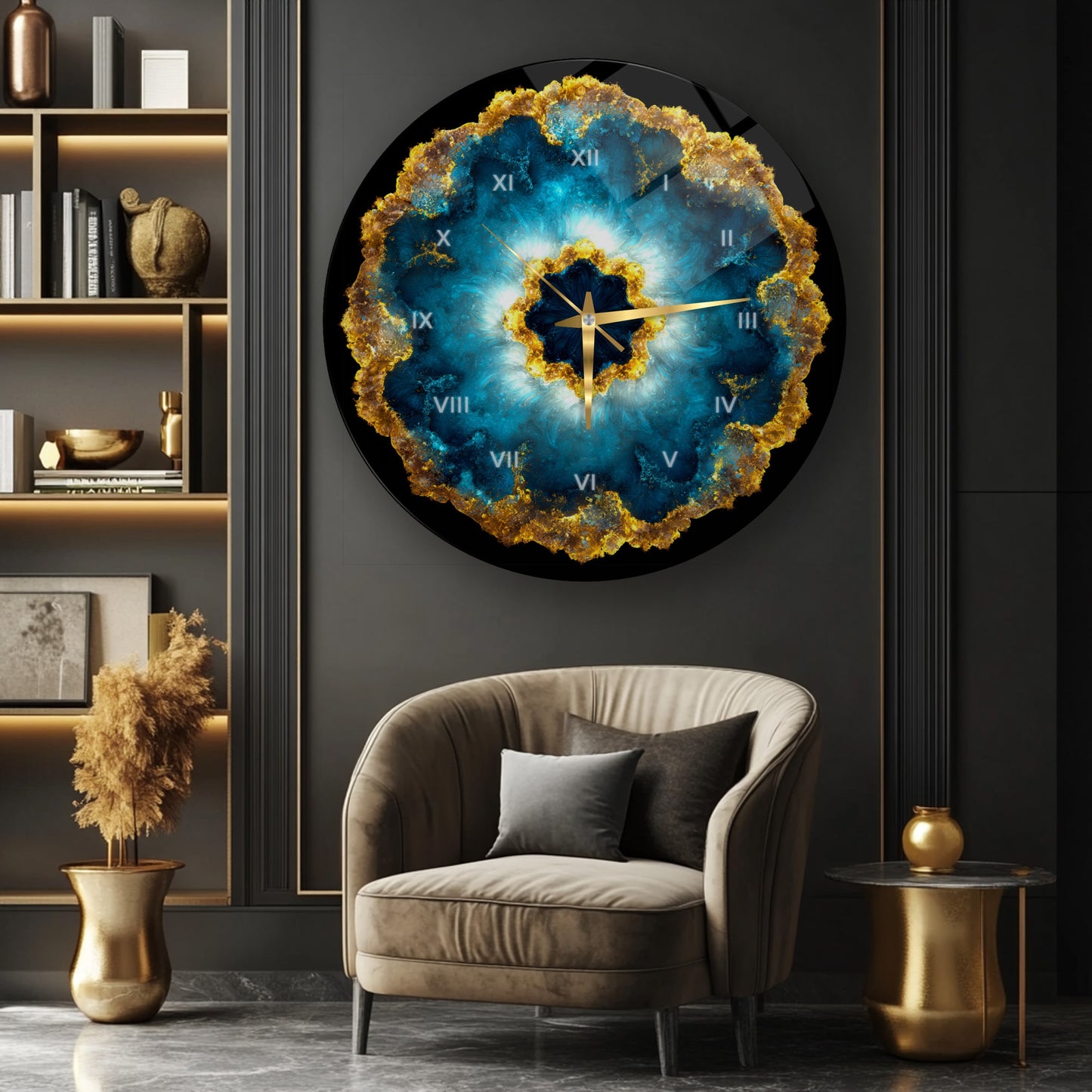 Soyut Mavi Gold Cam Duvar Saati