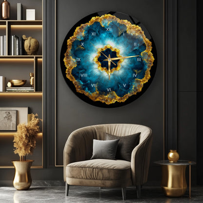 Soyut Mavi Gold Cam Duvar Saati