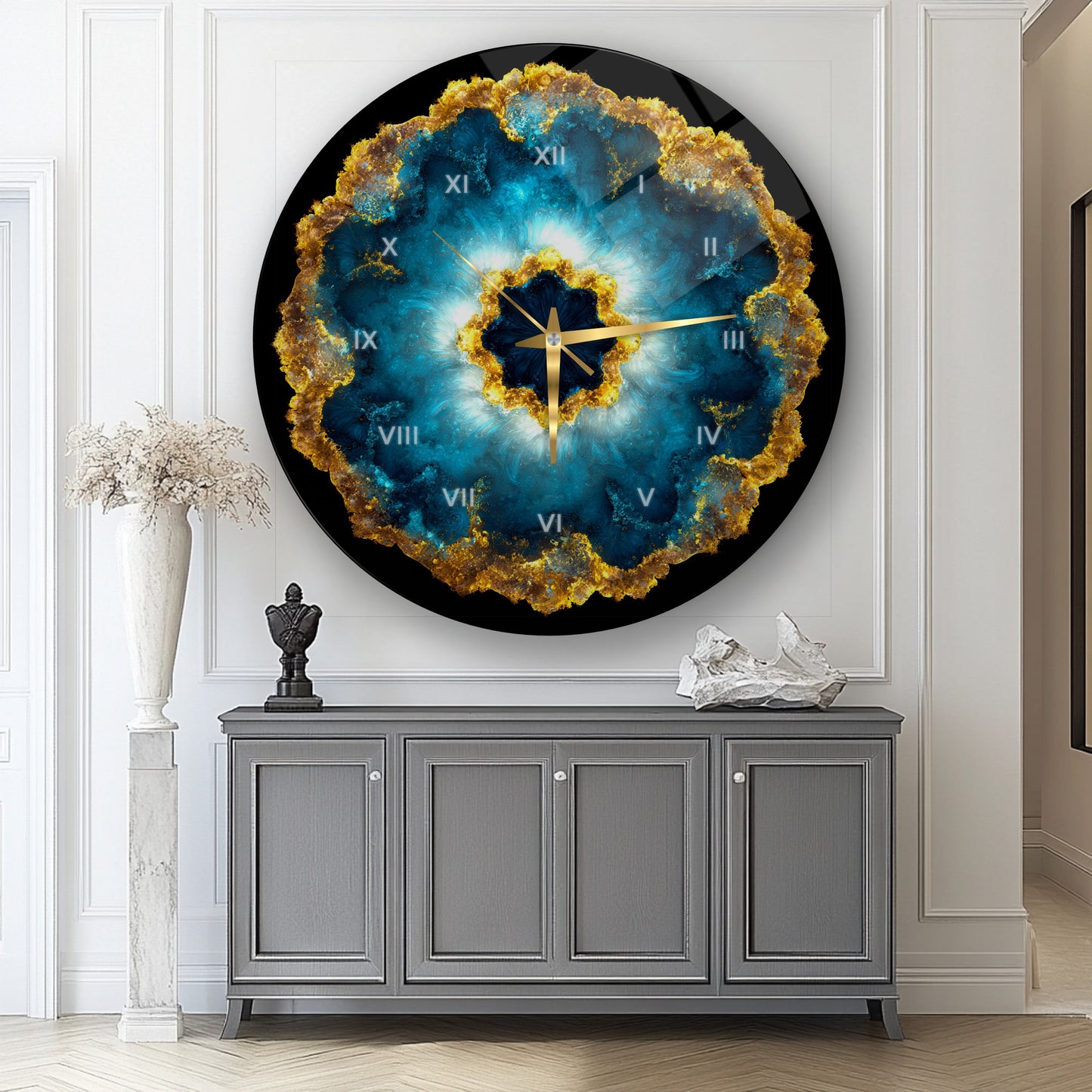 Soyut Mavi Gold Cam Duvar Saati