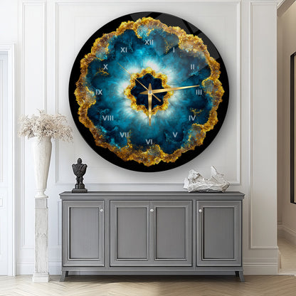 Soyut Mavi Gold Cam Duvar Saati