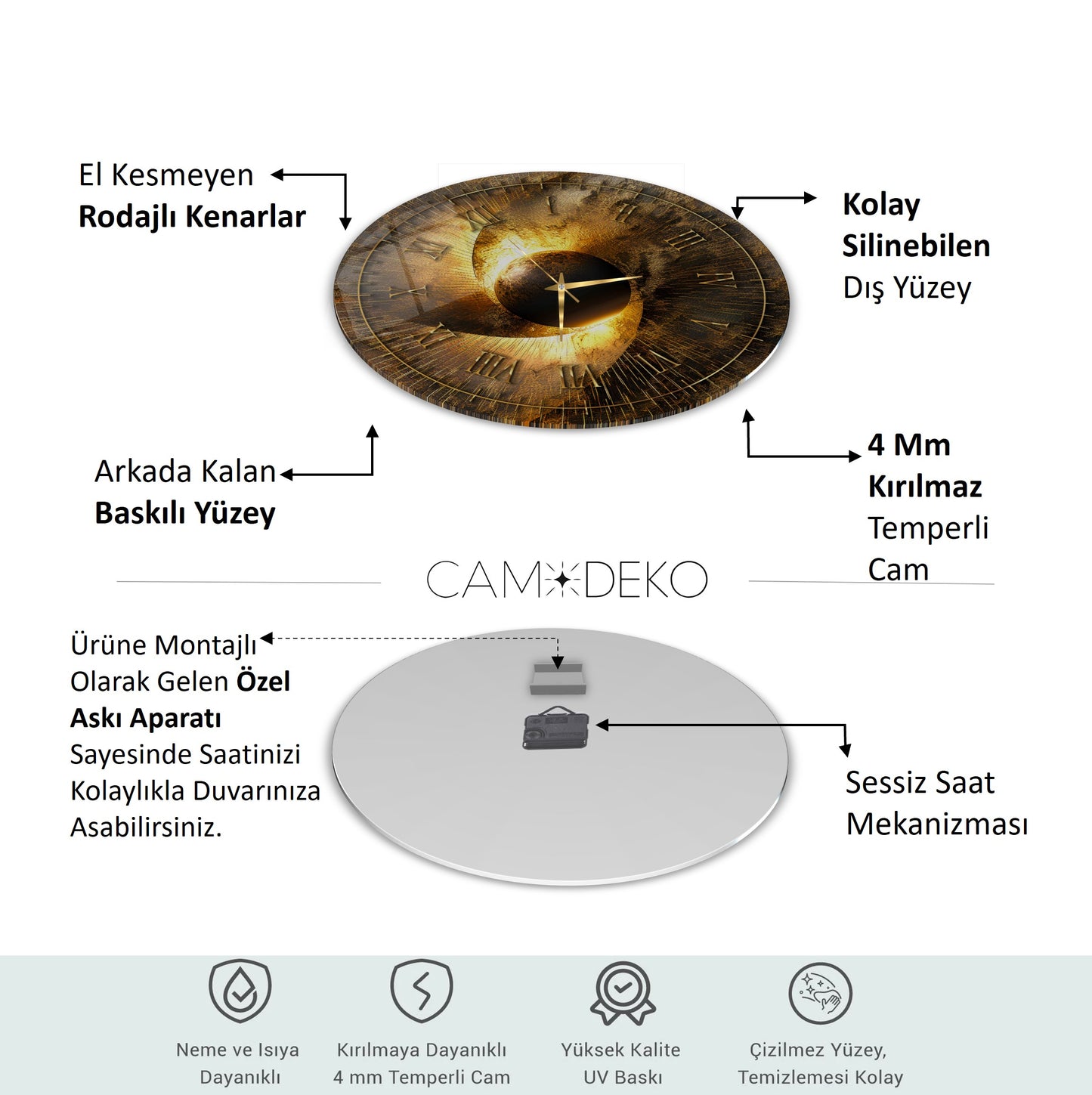 Soyut Gold Cam Duvar Saati