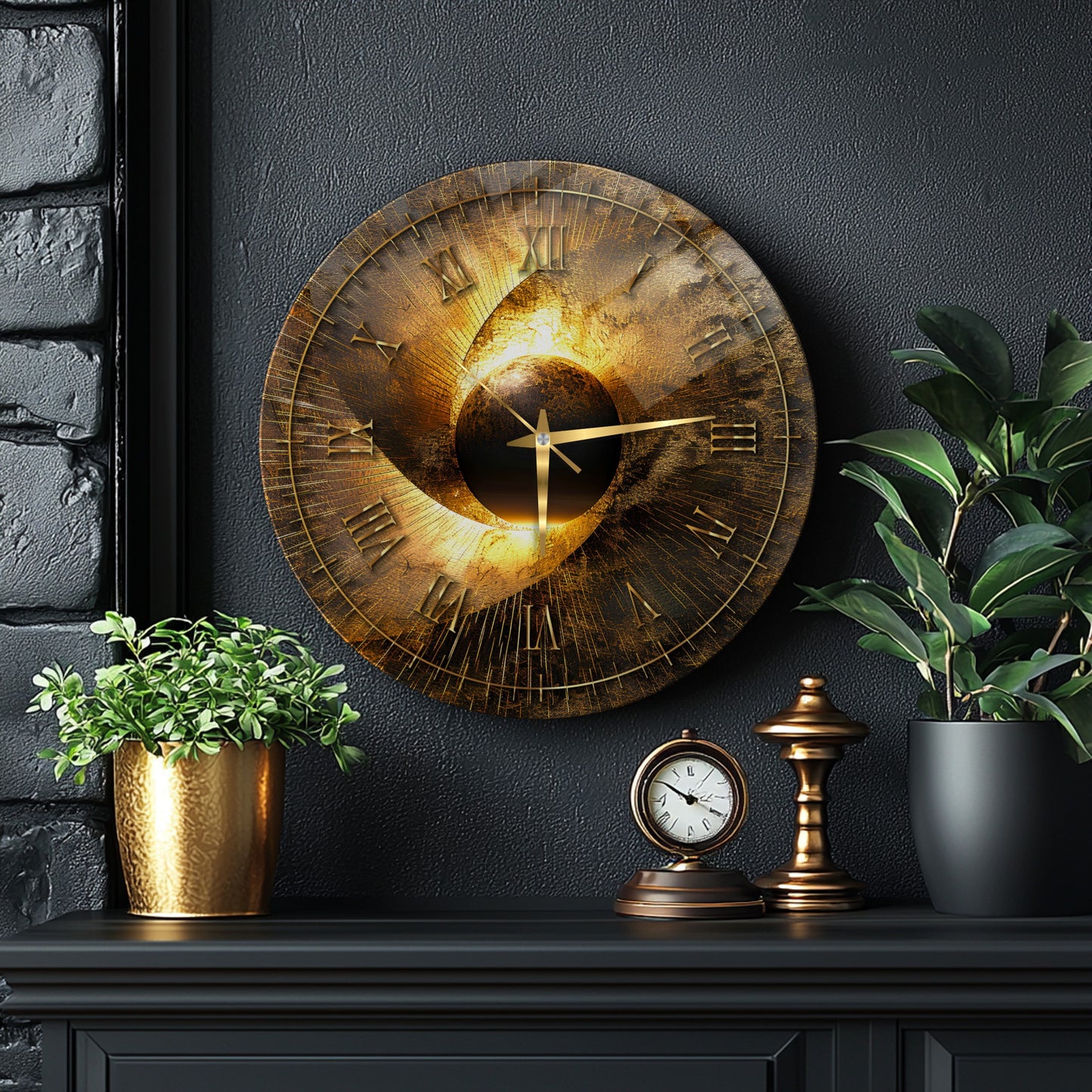 Soyut Gold Cam Duvar Saati