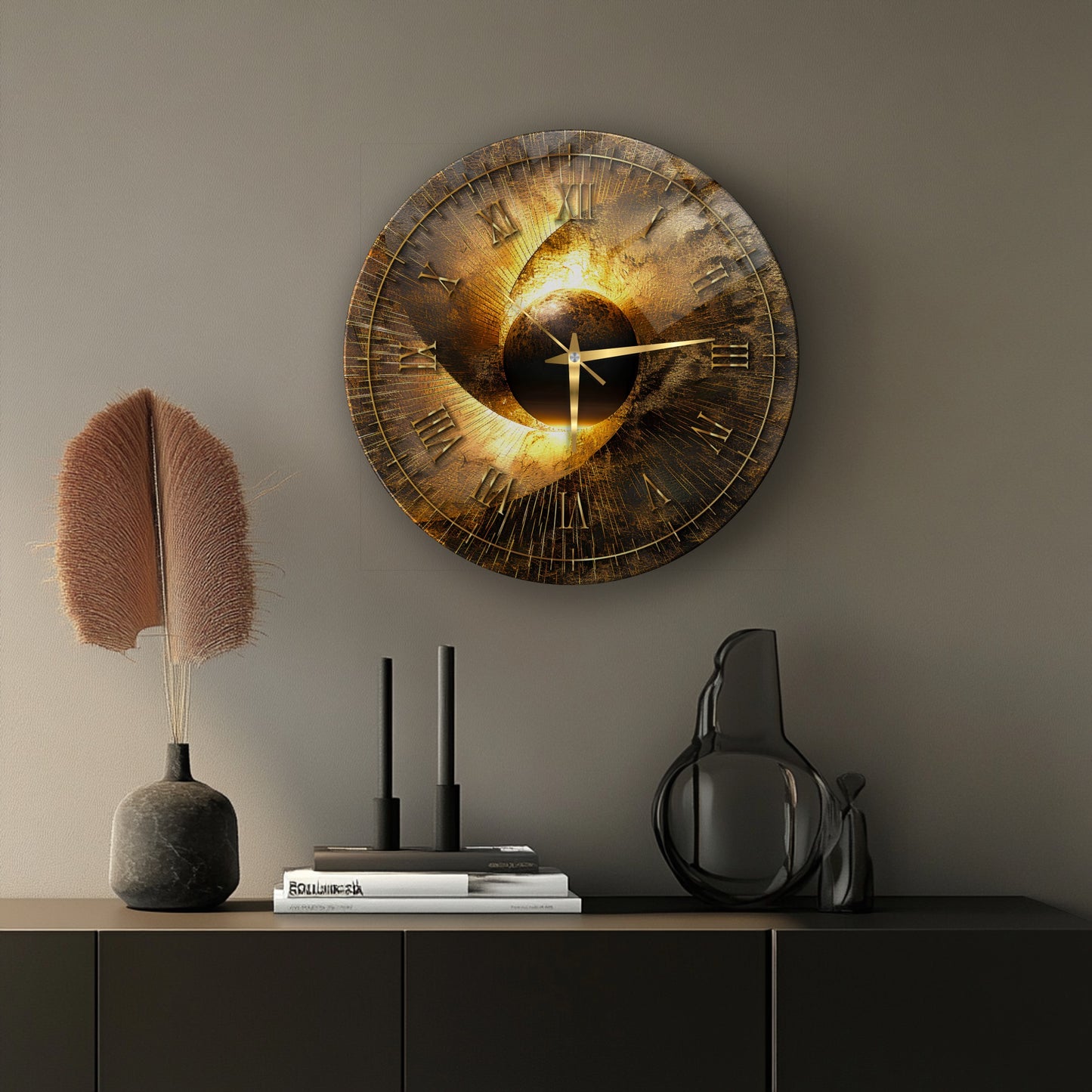 Soyut Gold Cam Duvar Saati