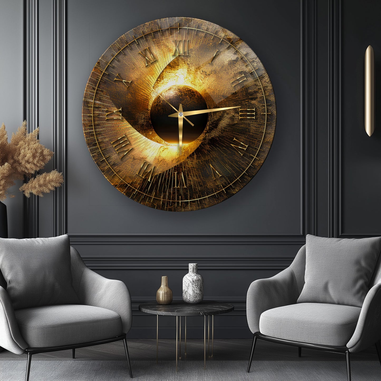 Soyut Gold Cam Duvar Saati