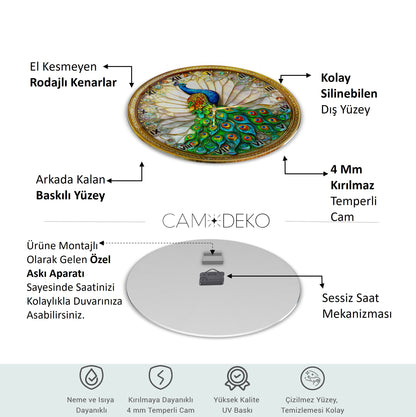 Vitray Desen Tavus Kuşu Cam Duvar Saati