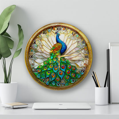 Vitray Desen Tavus Kuşu Cam Duvar Saati