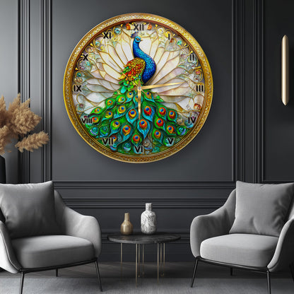 Vitray Desen Tavus Kuşu Cam Duvar Saati