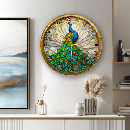 Vitray Desen Tavus Kuşu Cam Duvar Saati