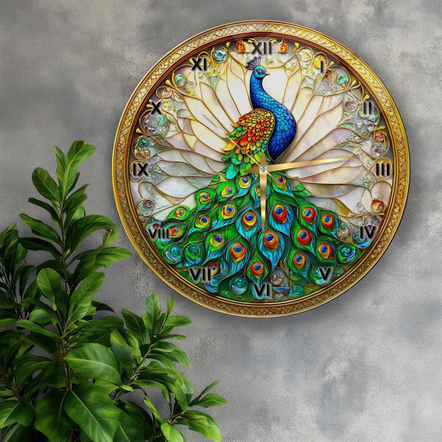 Vitray Desen Tavus Kuşu Cam Duvar Saati