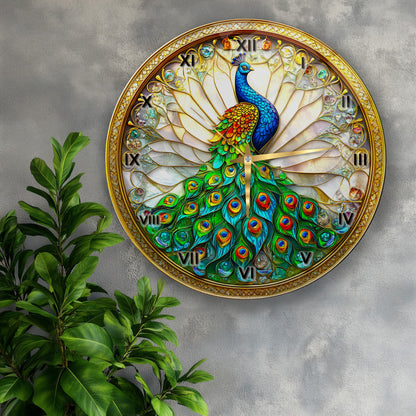 Vitray Desen Tavus Kuşu Cam Duvar Saati