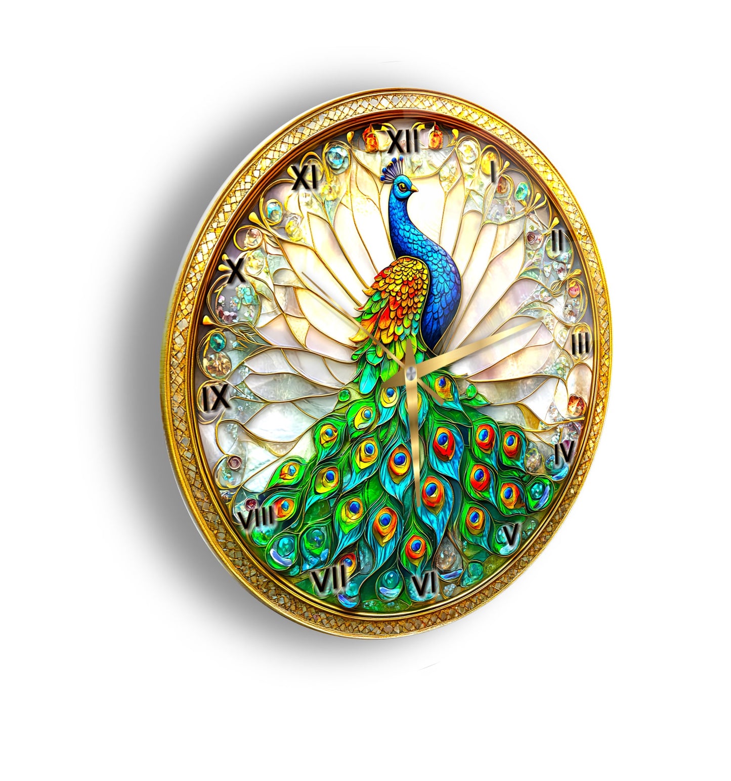 Vitray Desen Tavus Kuşu Cam Duvar Saati