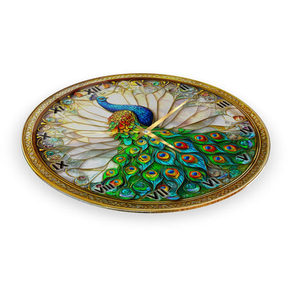 Vitray Desen Tavus Kuşu Cam Duvar Saati