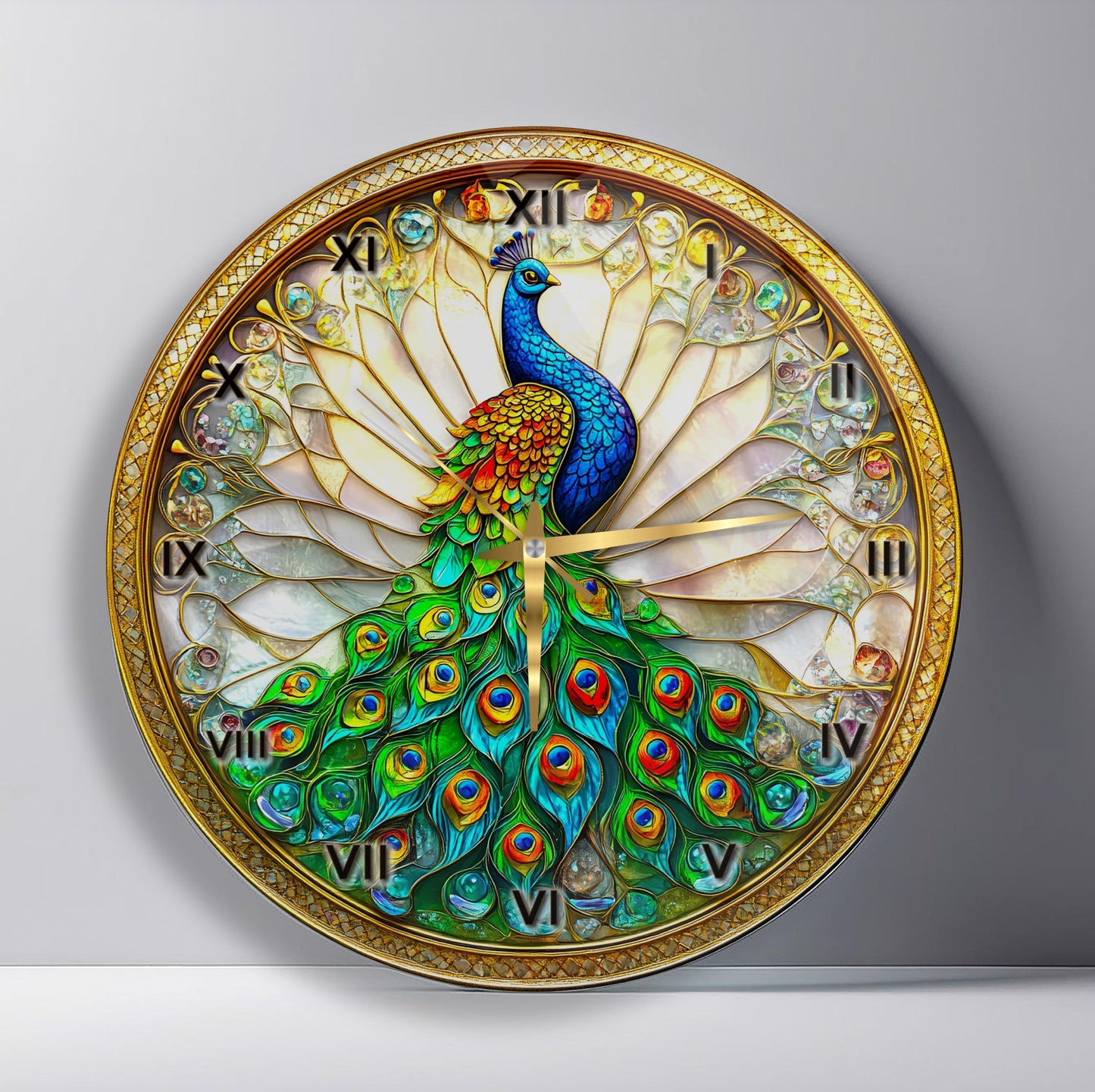 Vitray Desen Tavus Kuşu Cam Duvar Saati