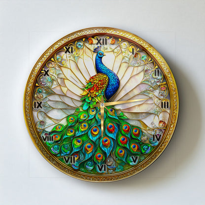 Vitray Desen Tavus Kuşu Cam Duvar Saati