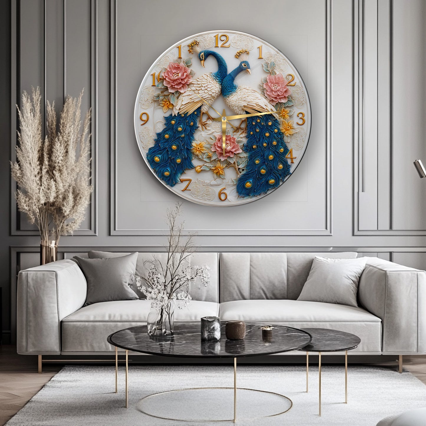 Çiçekli Tavus Kuşu Cam Duvar Saati
