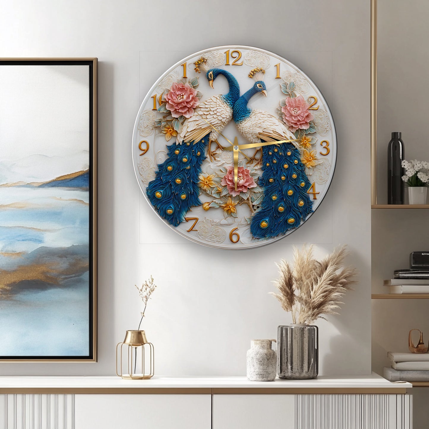 Çiçekli Tavus Kuşu Cam Duvar Saati