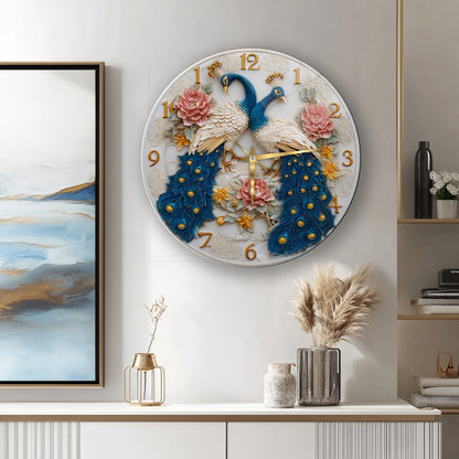 Çiçekli Tavus Kuşu Cam Duvar Saati