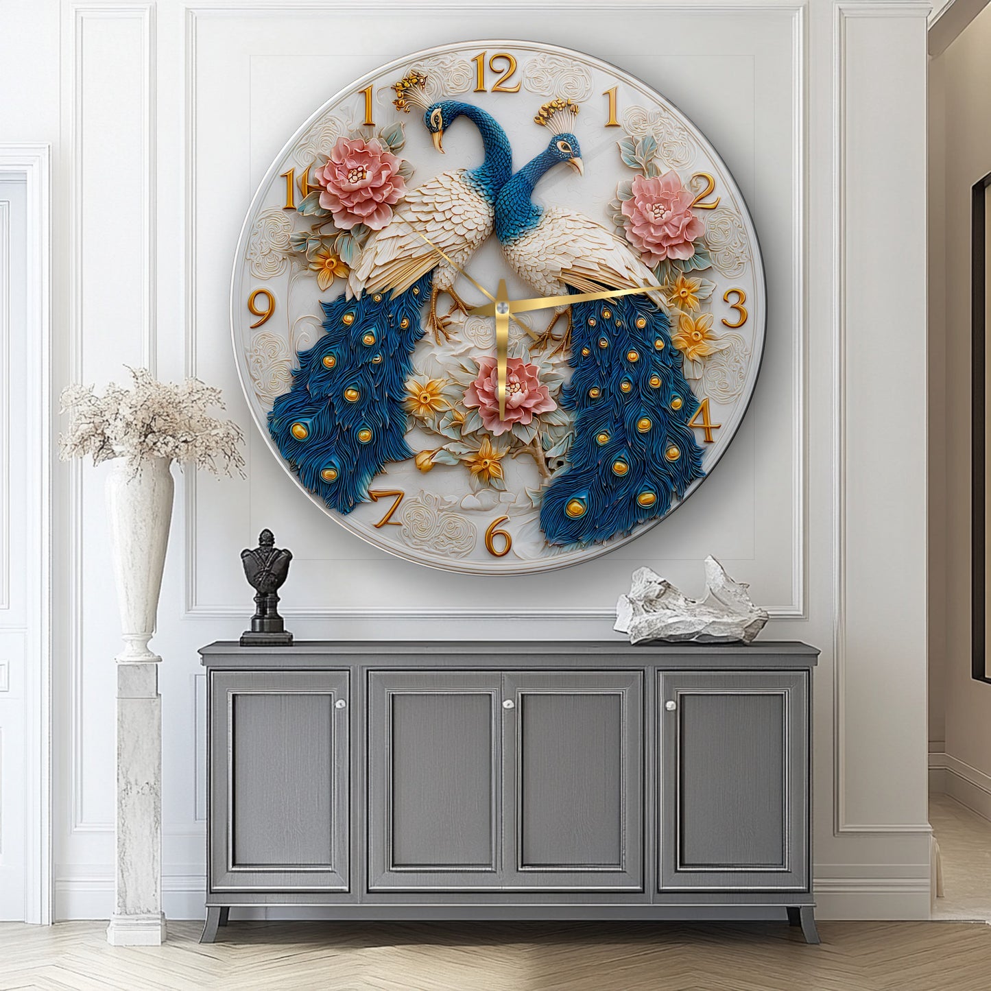 Çiçekli Tavus Kuşu Cam Duvar Saati