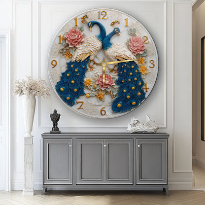 Çiçekli Tavus Kuşu Cam Duvar Saati