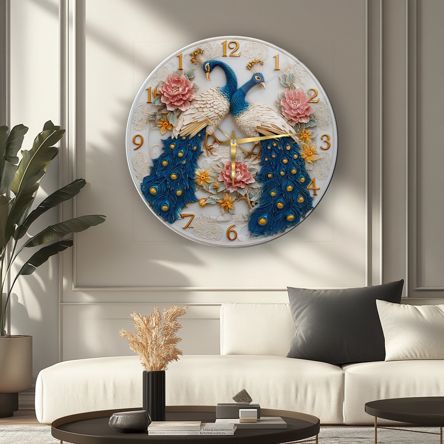 Çiçekli Tavus Kuşu Cam Duvar Saati