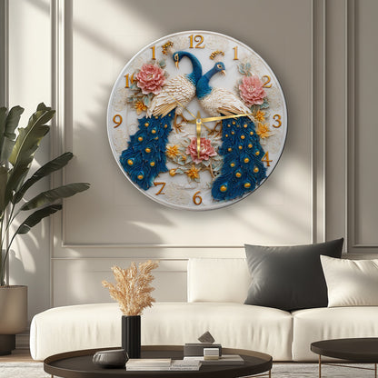 Çiçekli Tavus Kuşu Cam Duvar Saati