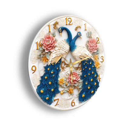 Çiçekli Tavus Kuşu Cam Duvar Saati