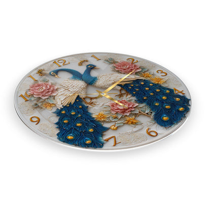 Çiçekli Tavus Kuşu Cam Duvar Saati