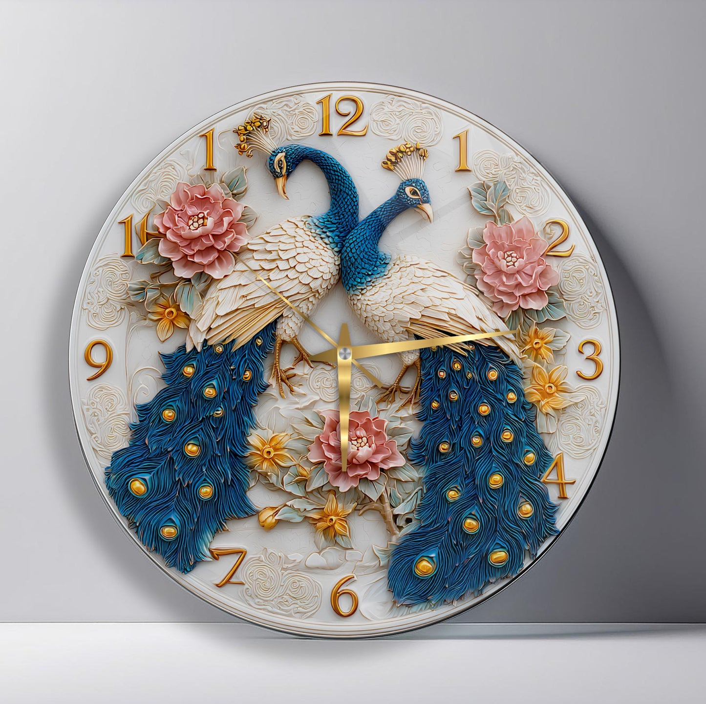 Çiçekli Tavus Kuşu Cam Duvar Saati