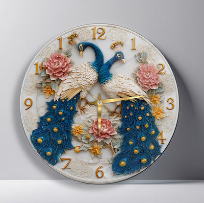 Çiçekli Tavus Kuşu Cam Duvar Saati