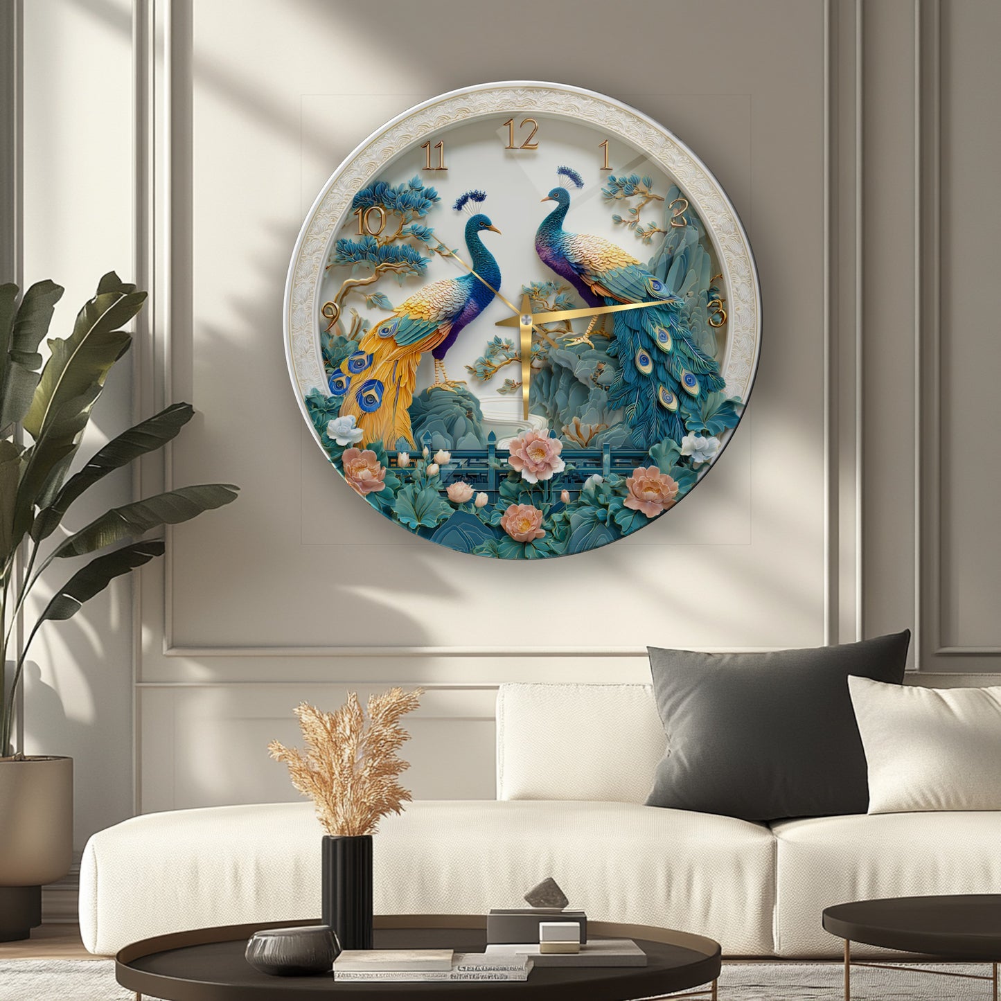 Çiçekli Tavus Kuşu Cam Duvar Saati