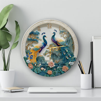 Çiçekli Tavus Kuşu Cam Duvar Saati