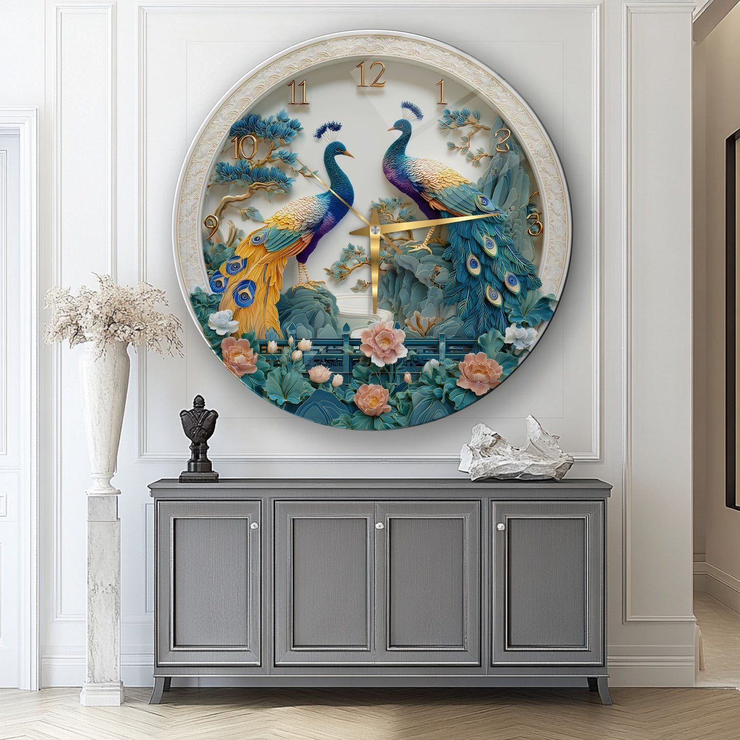 Çiçekli Tavus Kuşu Cam Duvar Saati