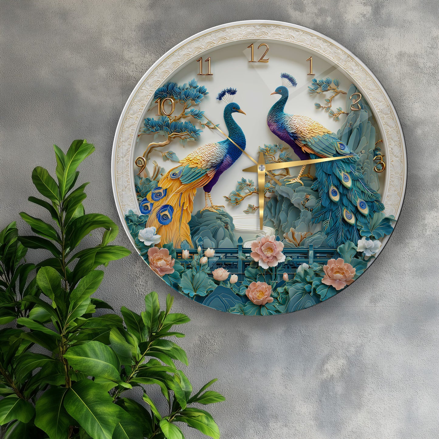 Çiçekli Tavus Kuşu Cam Duvar Saati