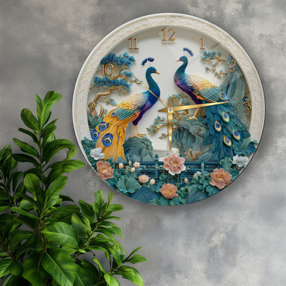 Çiçekli Tavus Kuşu Cam Duvar Saati