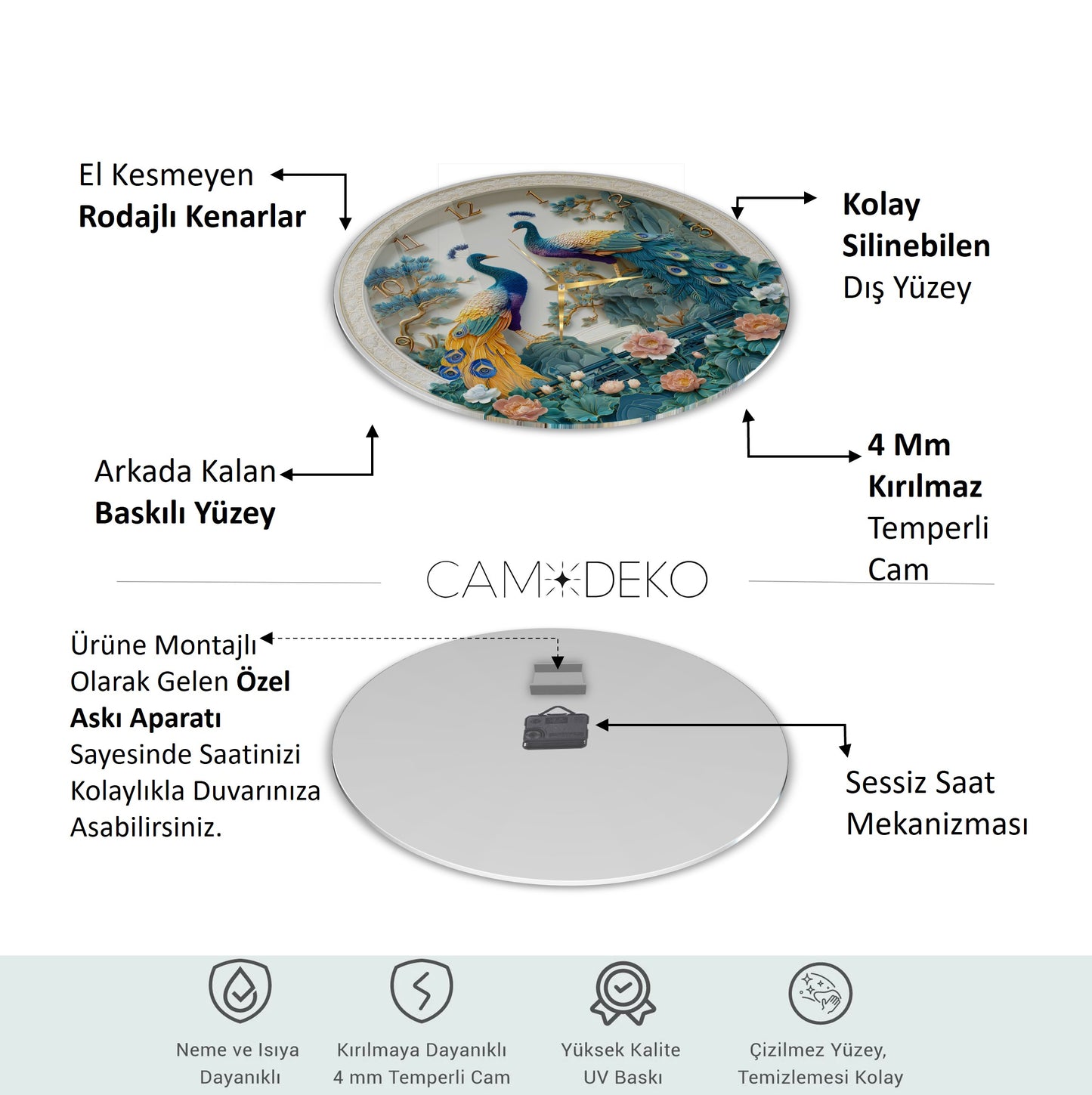 Çiçekli Tavus Kuşu Cam Duvar Saati