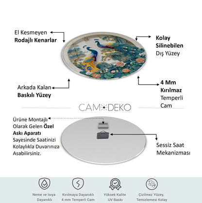 Çiçekli Tavus Kuşu Cam Duvar Saati