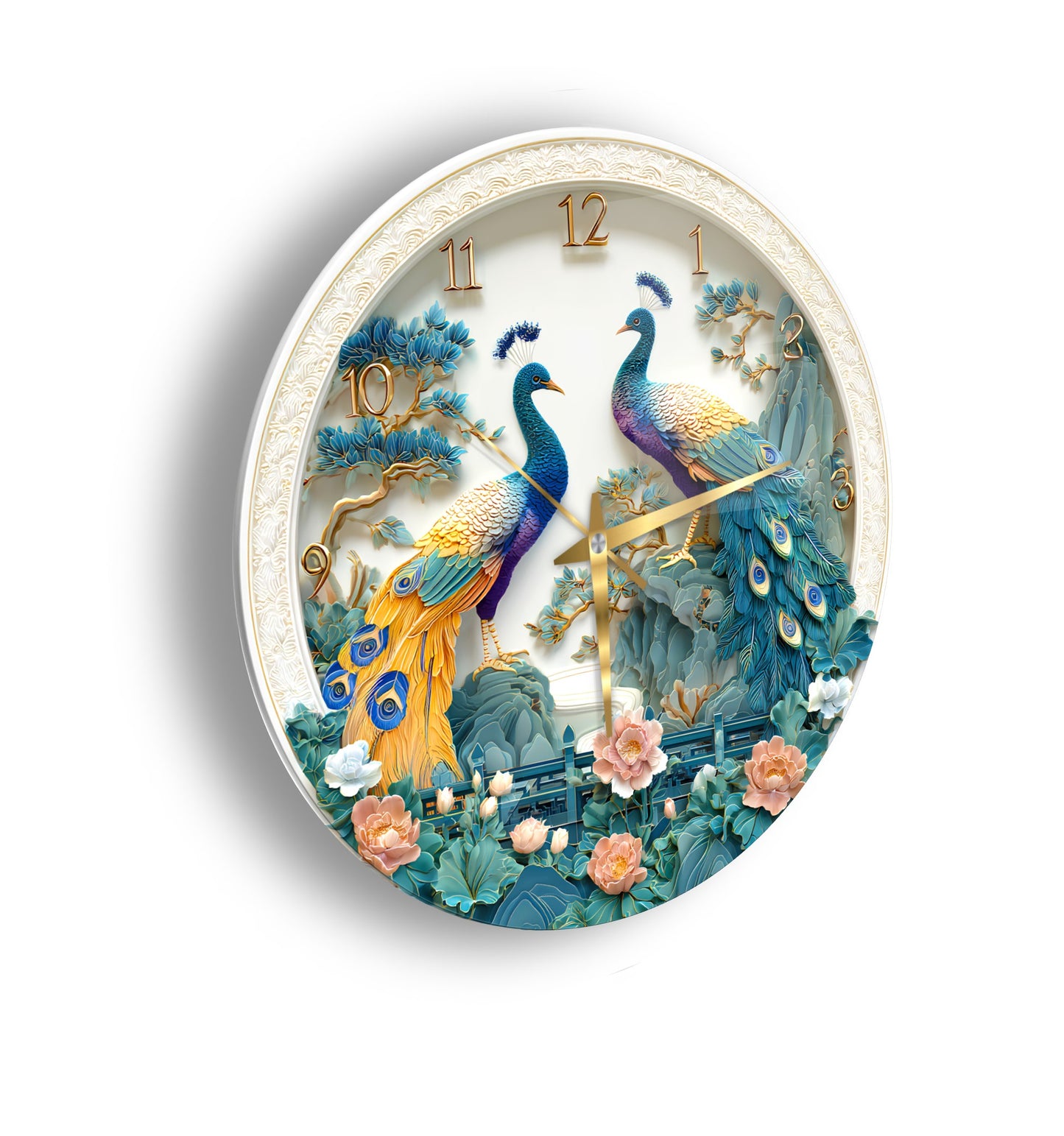 Çiçekli Tavus Kuşu Cam Duvar Saati
