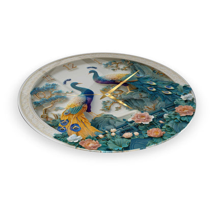 Çiçekli Tavus Kuşu Cam Duvar Saati