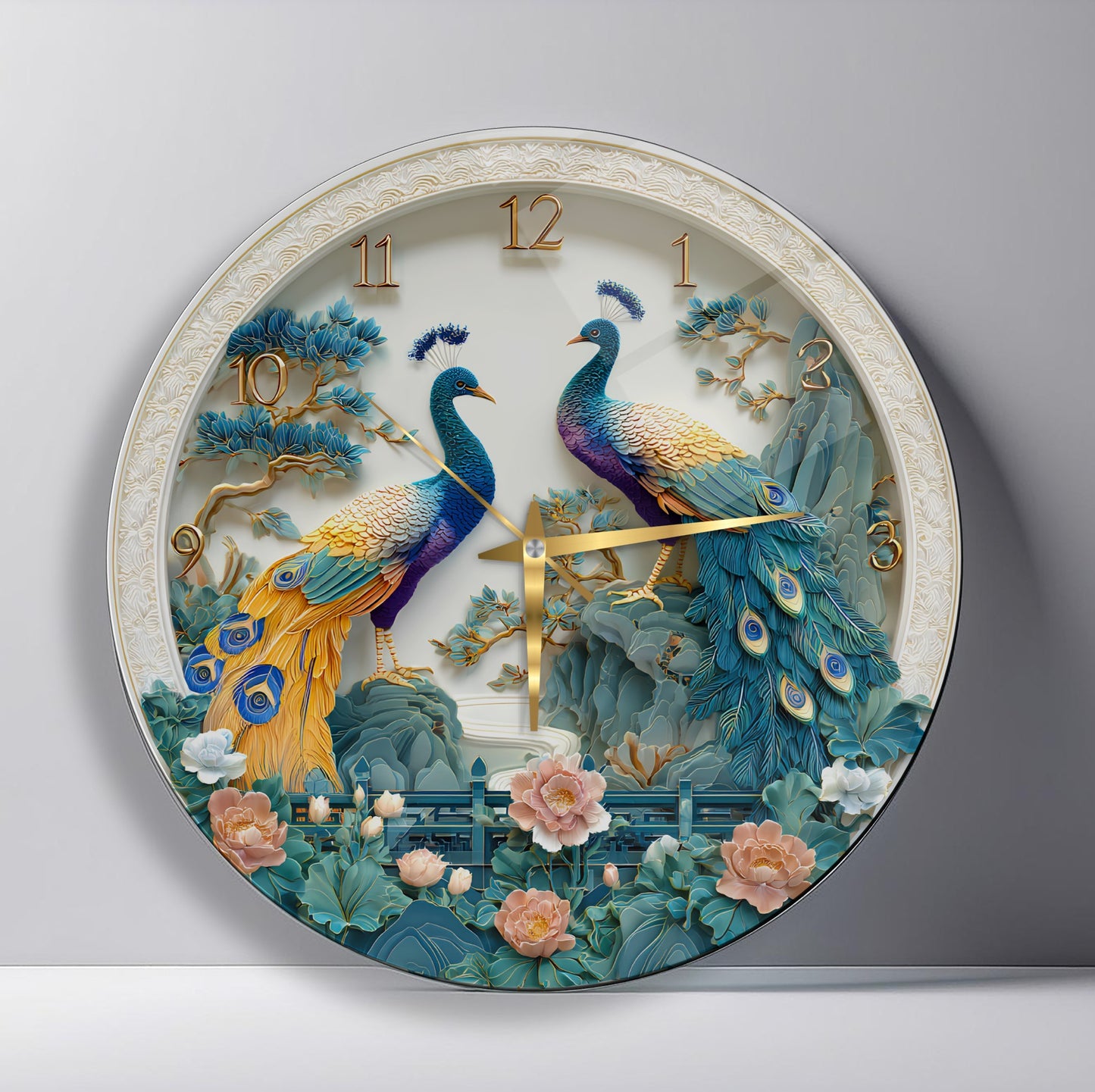 Çiçekli Tavus Kuşu Cam Duvar Saati