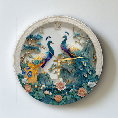 Çiçekli Tavus Kuşu Cam Duvar Saati