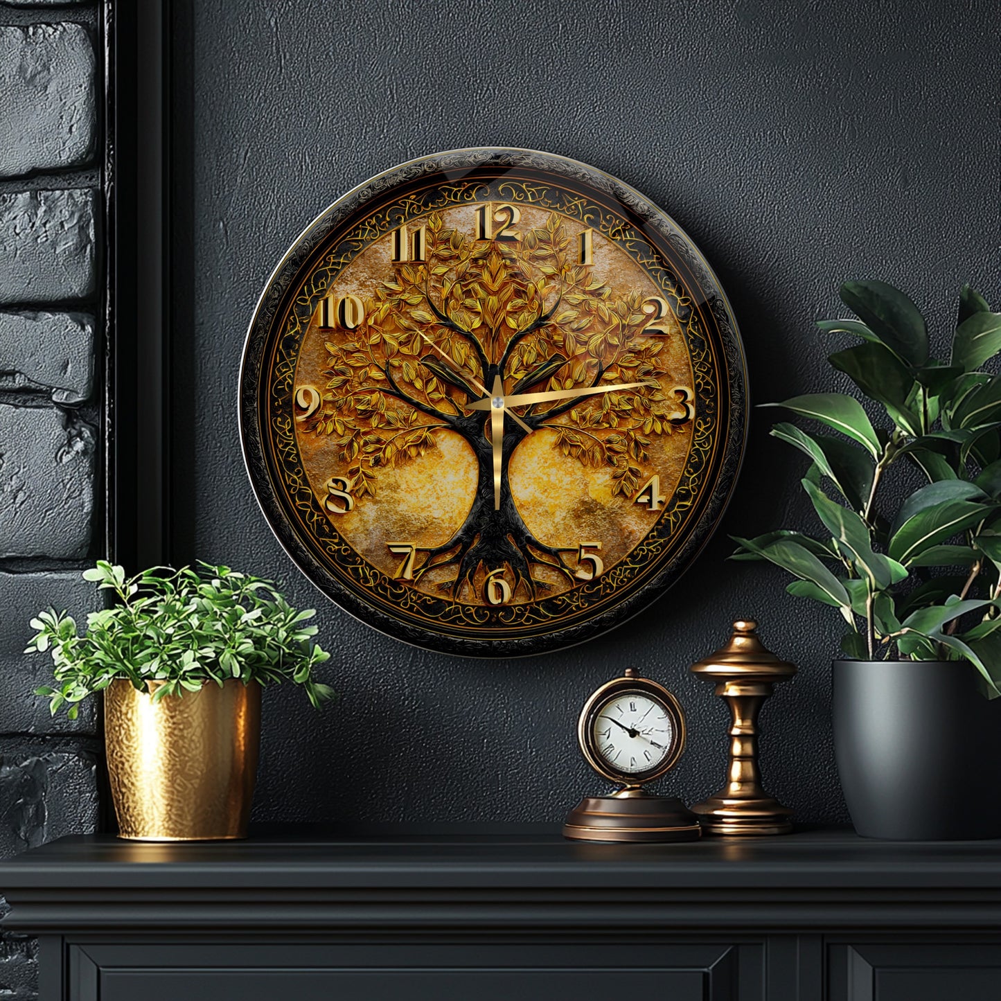 Gold Hayat Ağacı Cam Duvar Saati