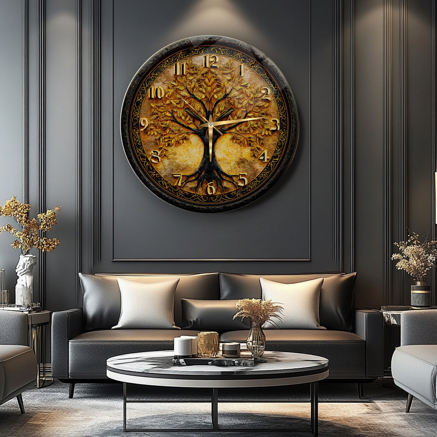 Gold Hayat Ağacı Cam Duvar Saati