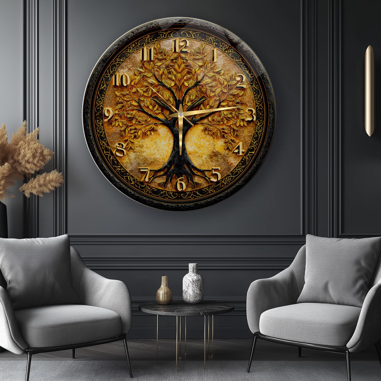 Gold Hayat Ağacı Cam Duvar Saati