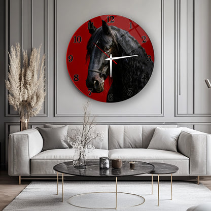 Siyah At Cam Duvar Saati