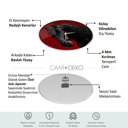 Siyah At Cam Duvar Saati